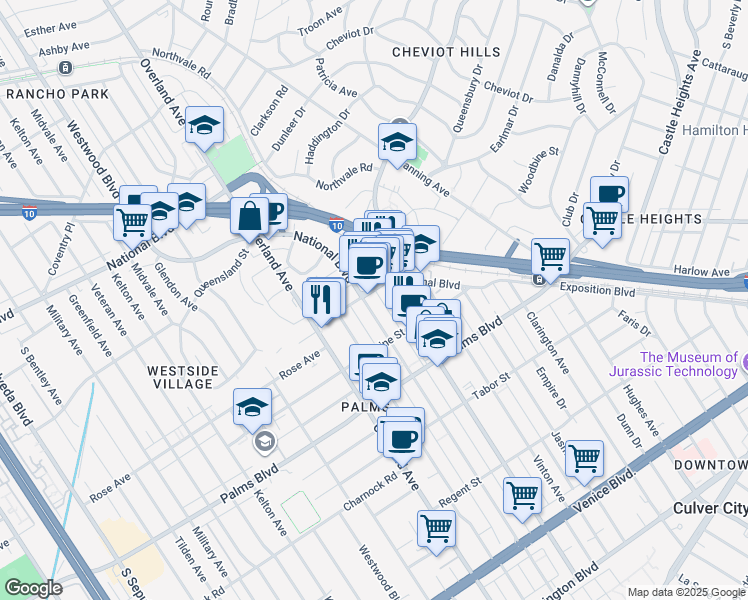map of restaurants, bars, coffee shops, grocery stores, and more near 3308 Mentone Avenue in Los Angeles