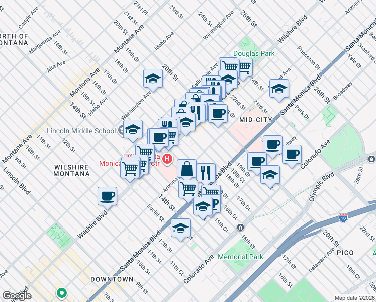 map of restaurants, bars, coffee shops, grocery stores, and more near 1231 17th Street in Santa Monica