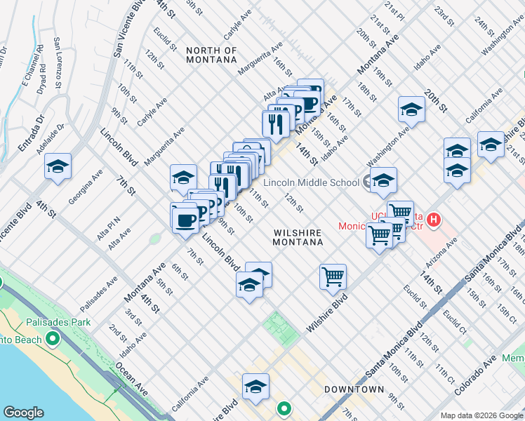 map of restaurants, bars, coffee shops, grocery stores, and more near 842 11th Street in Santa Monica