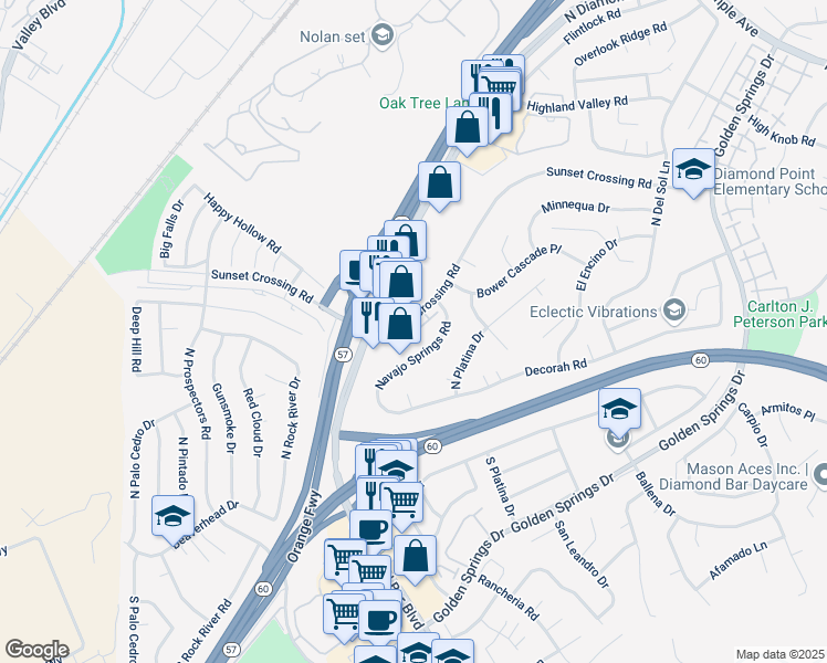 map of restaurants, bars, coffee shops, grocery stores, and more near 23340 Sunset Crossing Road in Diamond Bar