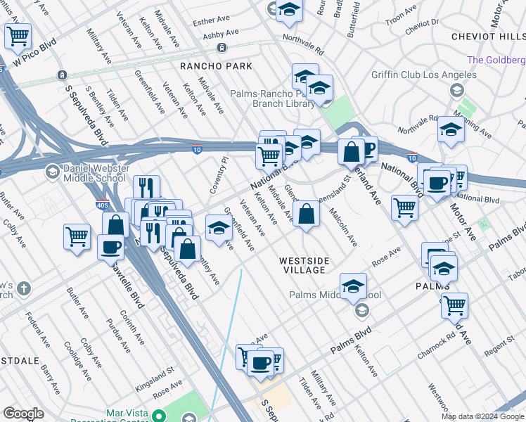 map of restaurants, bars, coffee shops, grocery stores, and more near 3045 Kelton Avenue in Los Angeles