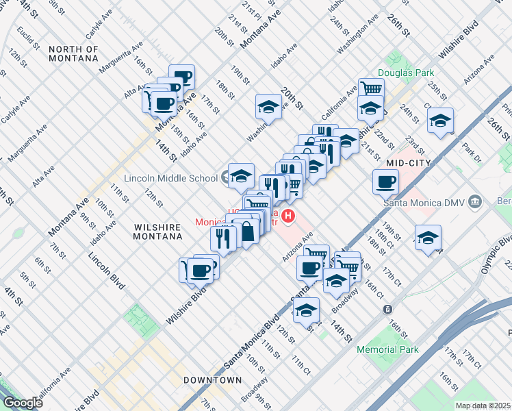 map of restaurants, bars, coffee shops, grocery stores, and more near 1123 15th Street in Santa Monica