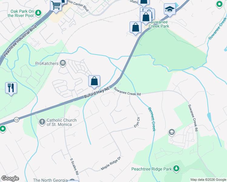 map of restaurants, bars, coffee shops, grocery stores, and more near 3534 Chelsea Falls Lane in Suwanee