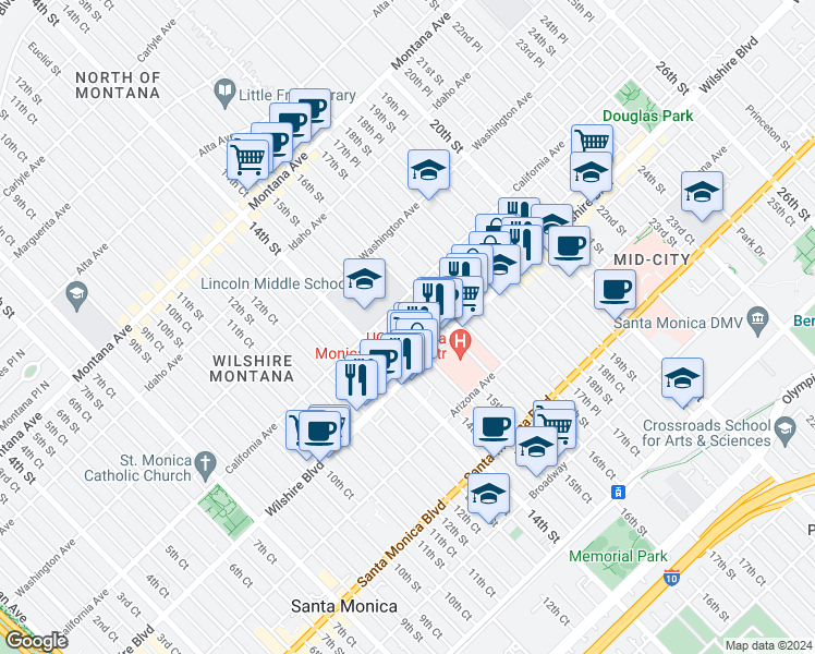 map of restaurants, bars, coffee shops, grocery stores, and more near 1128 16th Street in Santa Monica