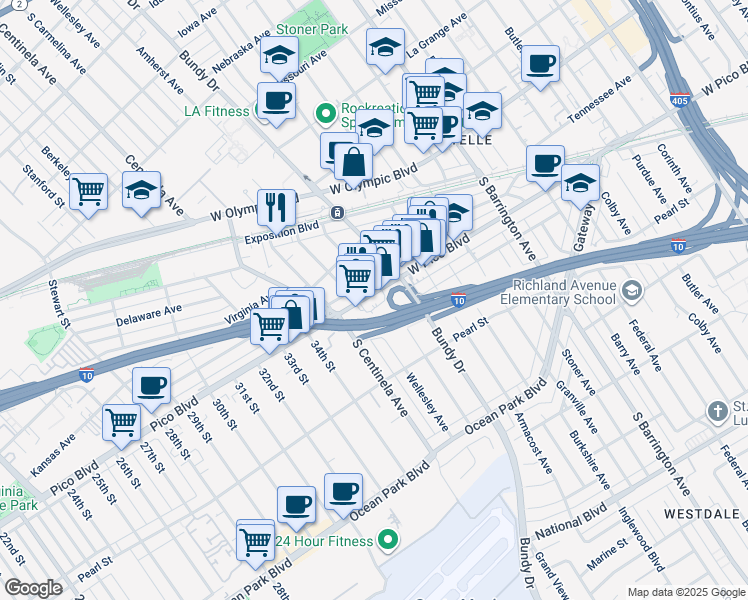 map of restaurants, bars, coffee shops, grocery stores, and more near 12223 West Pico Boulevard in Los Angeles