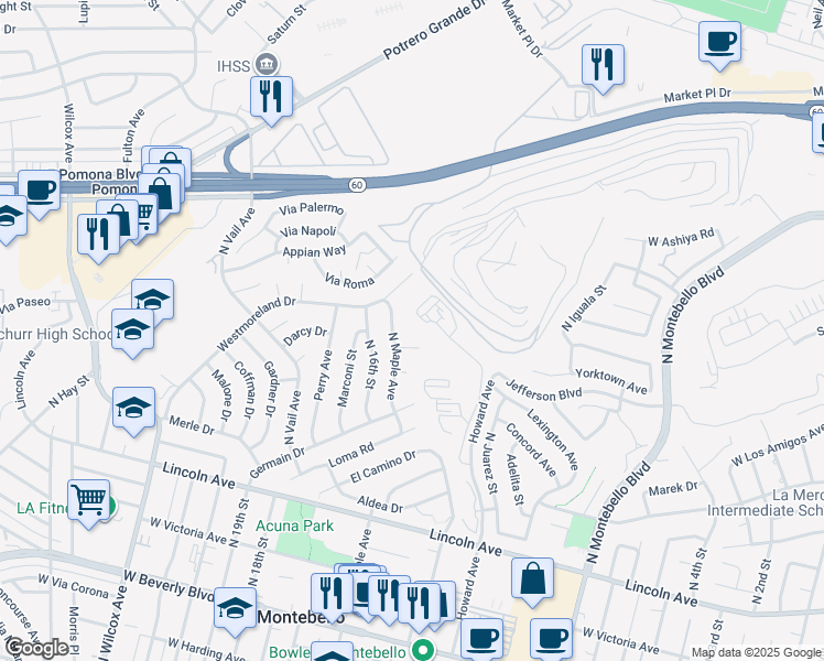 map of restaurants, bars, coffee shops, grocery stores, and more near 1401 Todd Place in Montebello