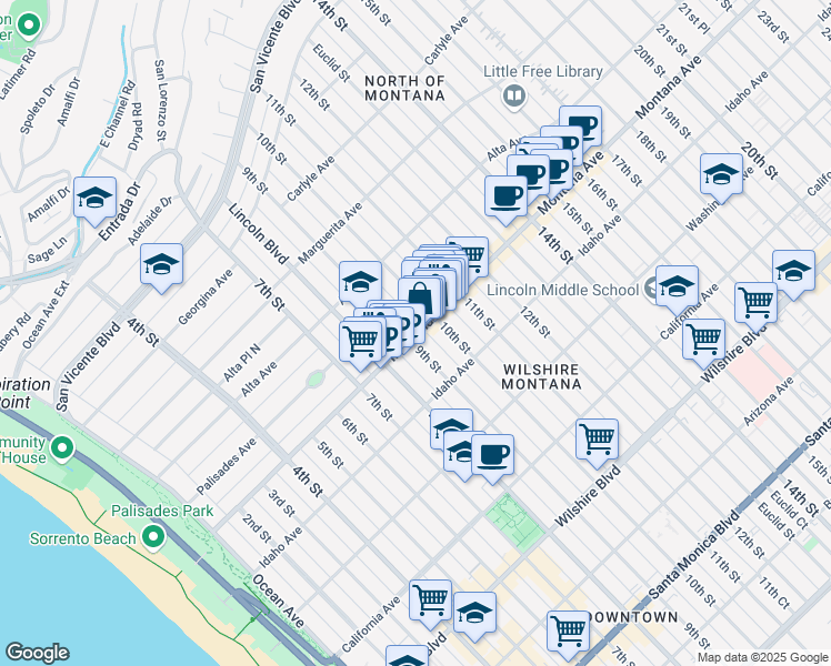 map of restaurants, bars, coffee shops, grocery stores, and more near 911 Montana Avenue in Santa Monica