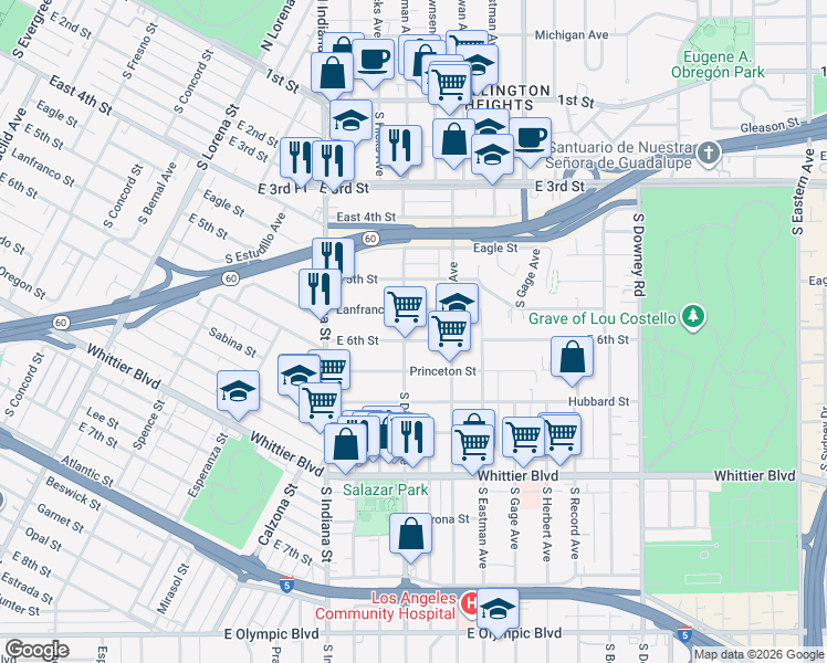 map of restaurants, bars, coffee shops, grocery stores, and more near 537 South Ditman Avenue in Los Angeles