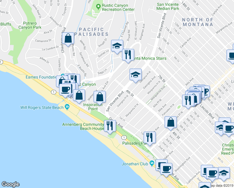 map of restaurants, bars, coffee shops, grocery stores, and more near 229 San Vicente Boulevard in Santa Monica