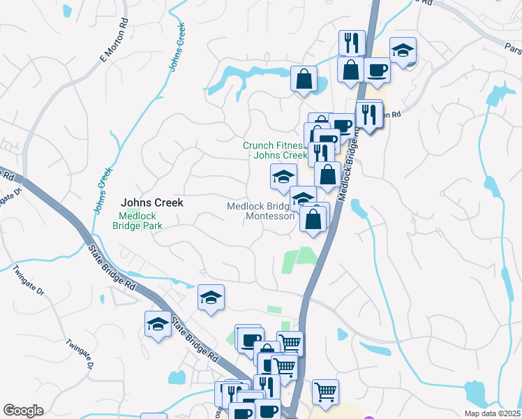 map of restaurants, bars, coffee shops, grocery stores, and more near 5205 Cottage Farm Road in Alpharetta