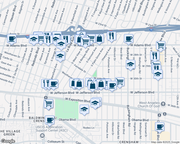 map of restaurants, bars, coffee shops, grocery stores, and more near 2848 South Palm Grove Avenue in Los Angeles