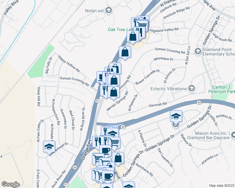 map of restaurants, bars, coffee shops, grocery stores, and more near 23410 Sunset Crossing Road in Diamond Bar