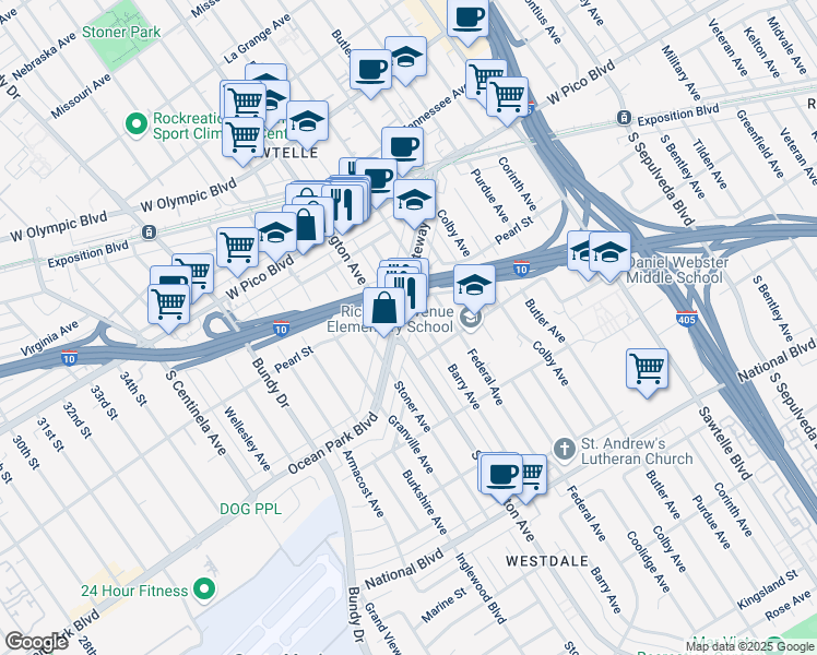 map of restaurants, bars, coffee shops, grocery stores, and more near 11660 Gateway Boulevard in Los Angeles