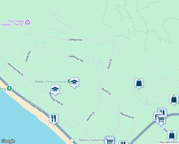map of restaurants, bars, coffee shops, grocery stores, and more near 5900 Clover Heights Avenue in Malibu