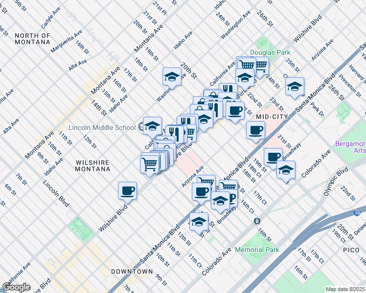 map of restaurants, bars, coffee shops, grocery stores, and more near 1601 Wilshire Boulevard in Santa Monica