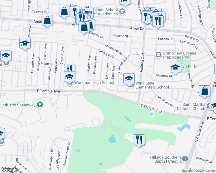 map of restaurants, bars, coffee shops, grocery stores, and more near 512 Lidford Avenue in La Puente