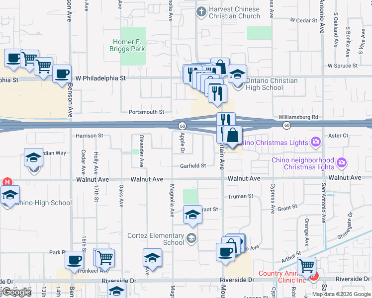 map of restaurants, bars, coffee shops, grocery stores, and more near 12364 Aralia Drive in Chino