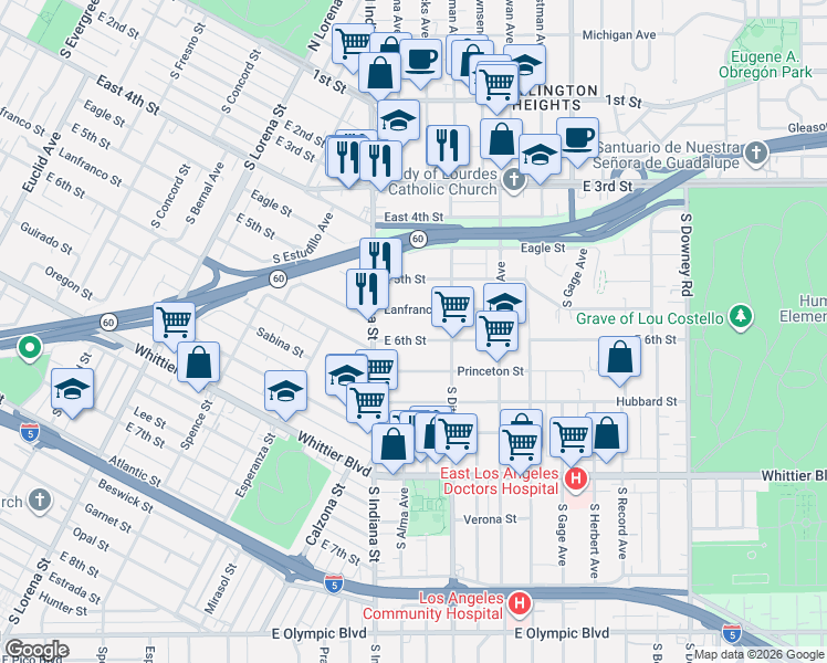 map of restaurants, bars, coffee shops, grocery stores, and more near 3640 Lanfranco Street in Los Angeles