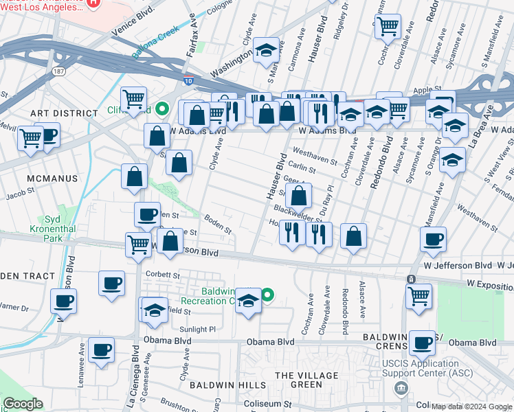 map of restaurants, bars, coffee shops, grocery stores, and more near 5527 Blackwelder Street in Los Angeles