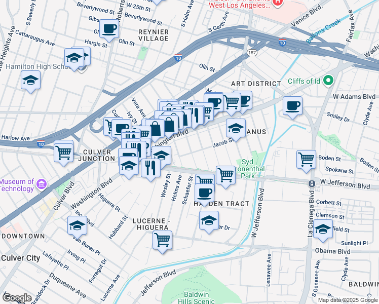 map of restaurants, bars, coffee shops, grocery stores, and more near 3331 Caroline Avenue in Culver City