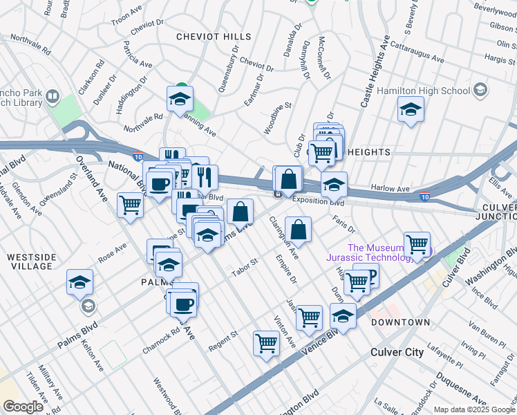 map of restaurants, bars, coffee shops, grocery stores, and more near 10100 National Boulevard in Los Angeles