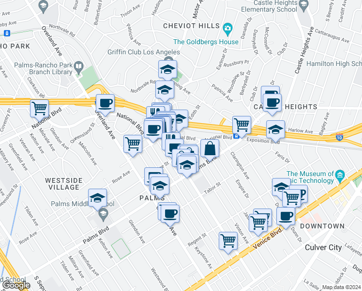 map of restaurants, bars, coffee shops, grocery stores, and more near 10234 National Boulevard in Los Angeles