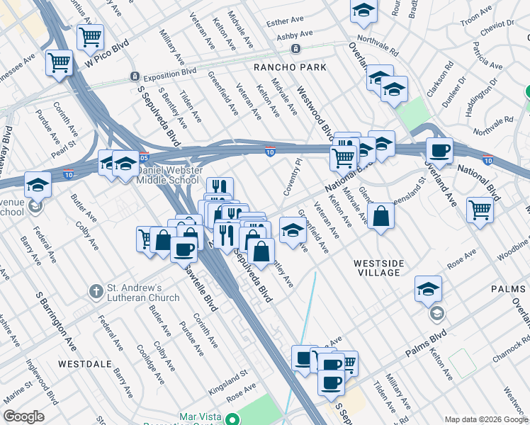 map of restaurants, bars, coffee shops, grocery stores, and more near 2949 Military Avenue in Los Angeles