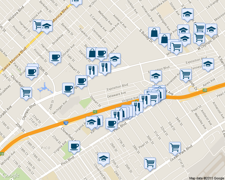 map of restaurants, bars, coffee shops, grocery stores, and more near 2909 Exposition Boulevard in Santa Monica