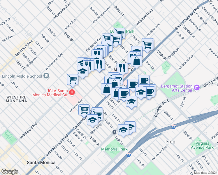 map of restaurants, bars, coffee shops, grocery stores, and more near 1360 20th Street in Santa Monica