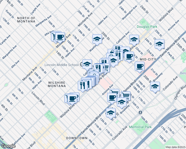 map of restaurants, bars, coffee shops, grocery stores, and more near 1128 16th Street in Santa Monica