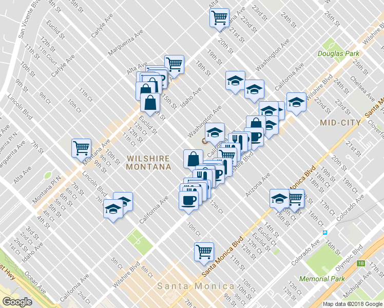 map of restaurants, bars, coffee shops, grocery stores, and more near 1501 California Avenue in Santa Monica