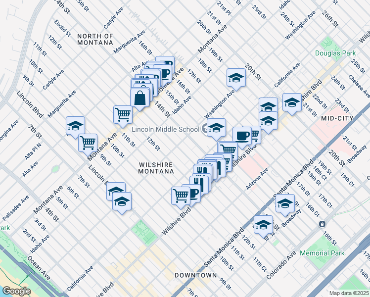 map of restaurants, bars, coffee shops, grocery stores, and more near 1314 Washington Avenue in Santa Monica