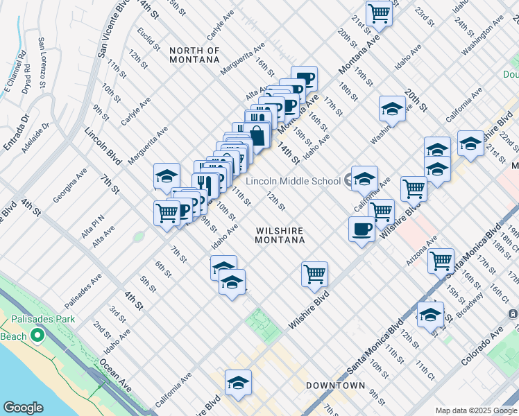 map of restaurants, bars, coffee shops, grocery stores, and more near 1130 Idaho Avenue in Santa Monica