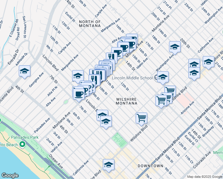 map of restaurants, bars, coffee shops, grocery stores, and more near 842 11th Street in Santa Monica