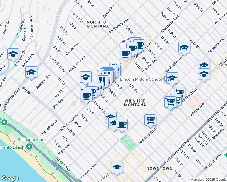 map of restaurants, bars, coffee shops, grocery stores, and more near 815 10th Street in Santa Monica