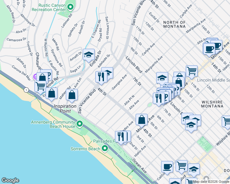 map of restaurants, bars, coffee shops, grocery stores, and more near 431 Georgina Avenue in Santa Monica