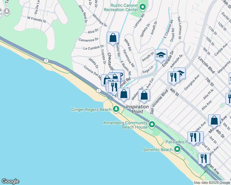 map of restaurants, bars, coffee shops, grocery stores, and more near 160 West Channel Road in Santa Monica