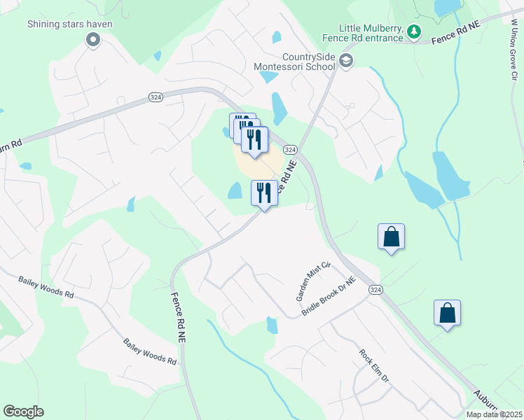 map of restaurants, bars, coffee shops, grocery stores, and more near 3436 Fence Road Northeast in Dacula