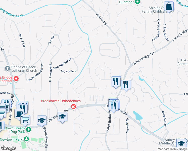 map of restaurants, bars, coffee shops, grocery stores, and more near 3465 Jones Ferry Lane in Alpharetta