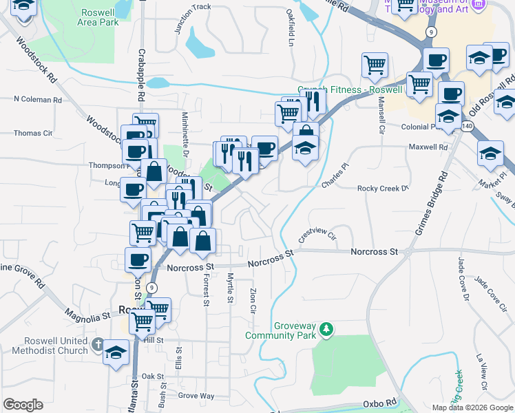 map of restaurants, bars, coffee shops, grocery stores, and more near 210 Opal Drive in Roswell