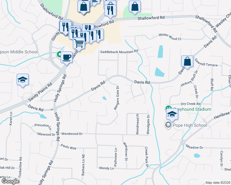 map of restaurants, bars, coffee shops, grocery stores, and more near 3086 Aberdeen Court in Marietta