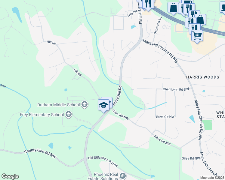 map of restaurants, bars, coffee shops, grocery stores, and more near 3015 Mars Hill Road in Acworth