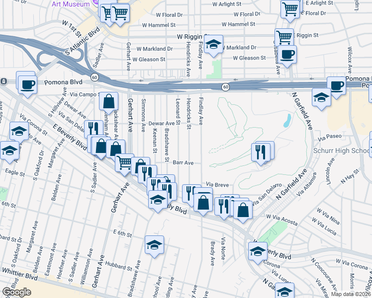 map of restaurants, bars, coffee shops, grocery stores, and more near 725 Hendricks Street in Montebello