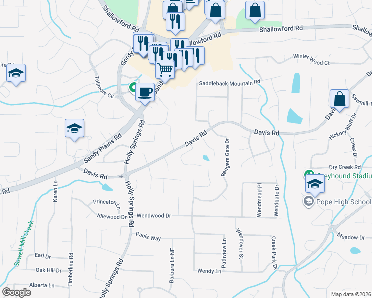 map of restaurants, bars, coffee shops, grocery stores, and more near 3149 Hudson Pond Lane Northeast in Marietta