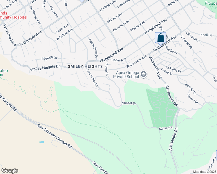 map of restaurants, bars, coffee shops, grocery stores, and more near 1215 Mira Monte Drive in Redlands