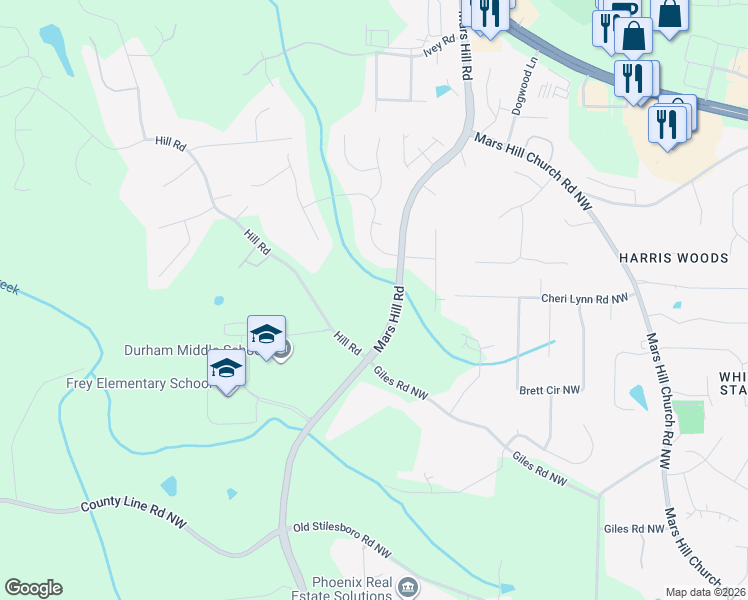 map of restaurants, bars, coffee shops, grocery stores, and more near 3015 Mars Hill Road in Acworth