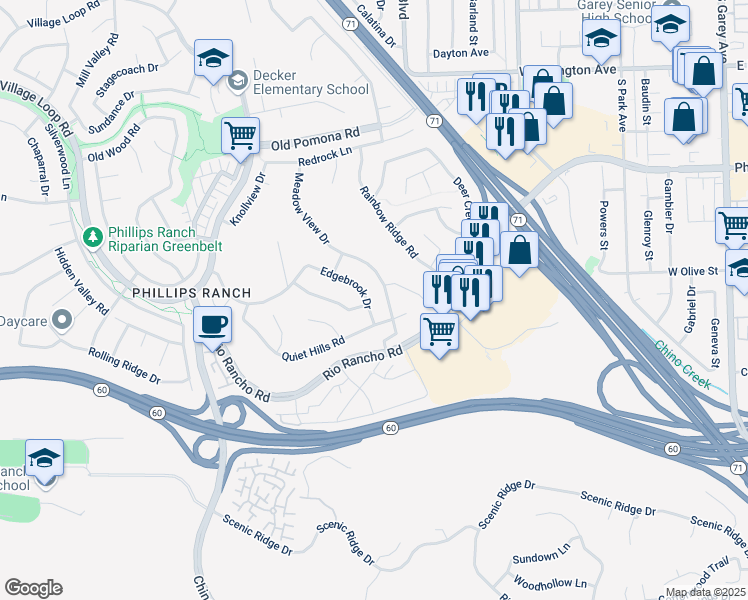 map of restaurants, bars, coffee shops, grocery stores, and more near 15 Edgebrook Drive in Pomona