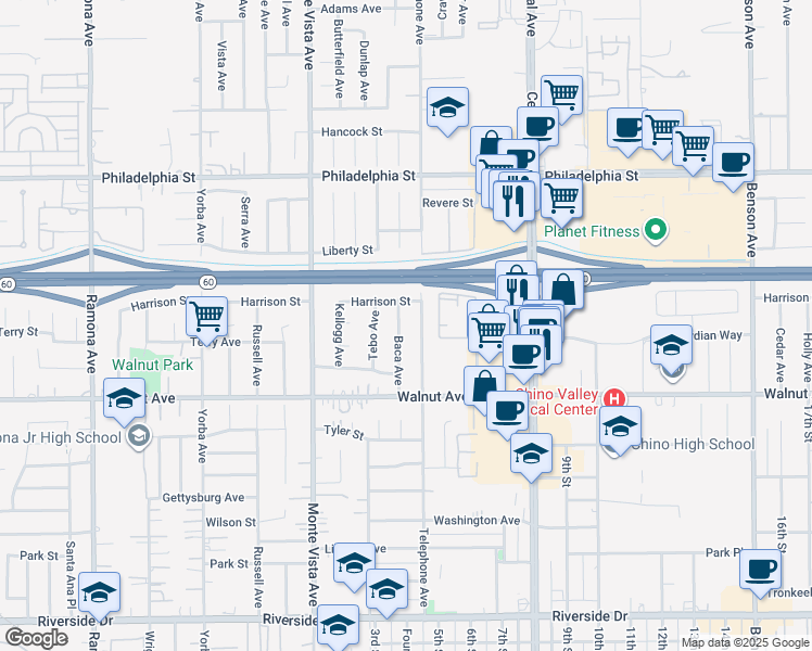 map of restaurants, bars, coffee shops, grocery stores, and more near 12345 Baca Avenue in Chino