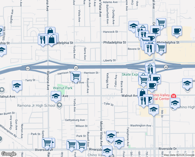 map of restaurants, bars, coffee shops, grocery stores, and more near 12358 Lewis Avenue in Chino