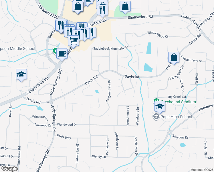 map of restaurants, bars, coffee shops, grocery stores, and more near 3086 Aberdeen Court in Marietta